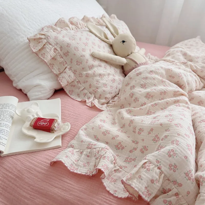 Pink floral cotton duvet cover set twin size cotton rich floral ruffle edge bedding set 2pcs