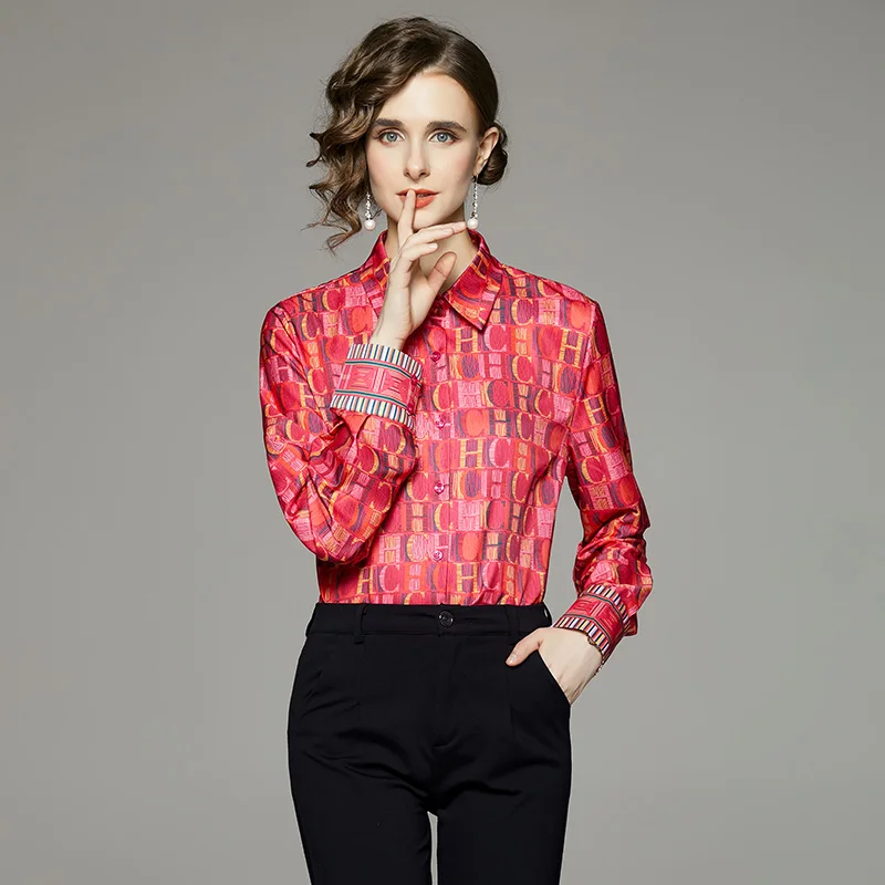 

Runway Designer Vinatge Blouses Spring Summer Women's Lapel Long Sleeve Elegant Chiffon Letter Print Shirts Fashion Tops M1160