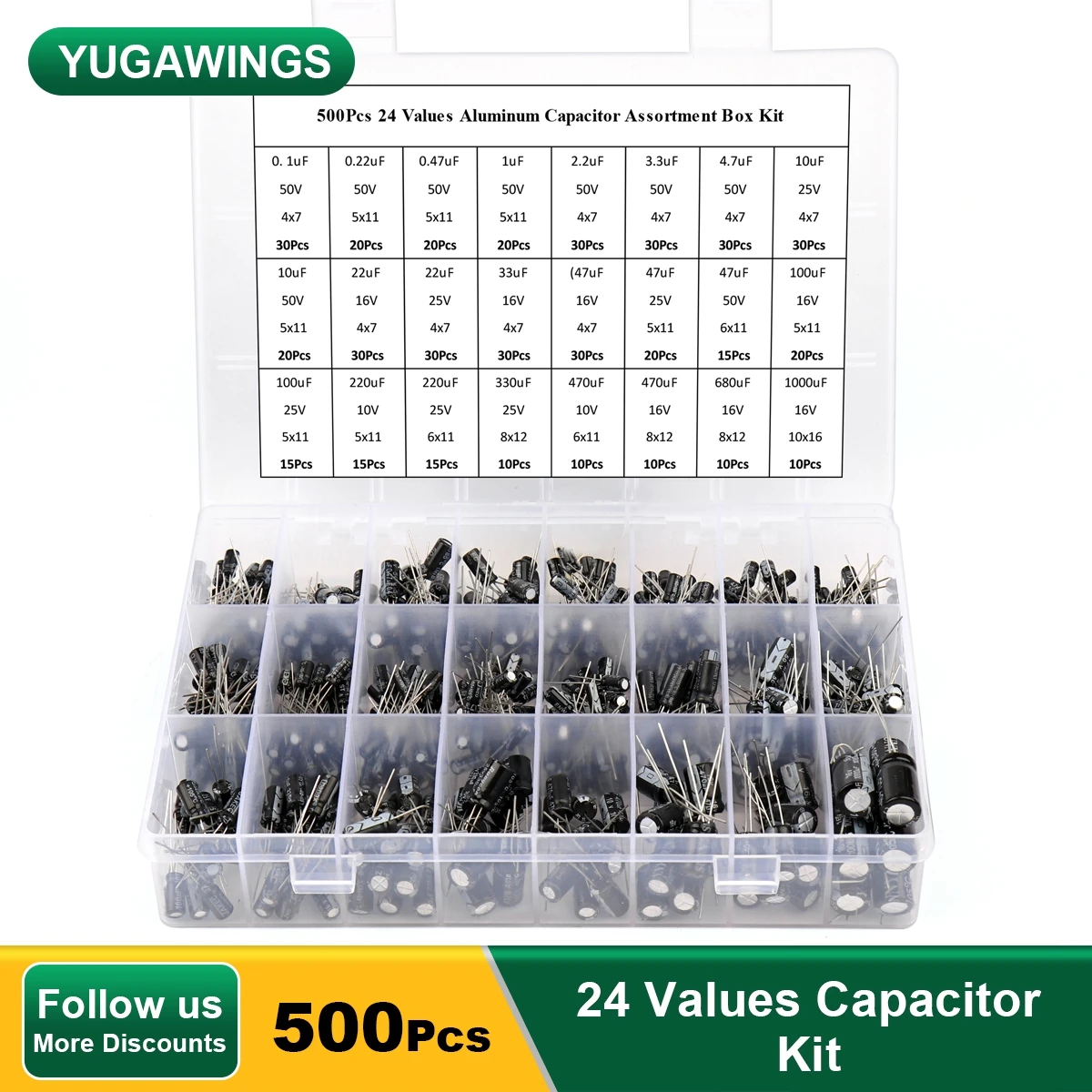 

500Pcs Aluminum Electrolytic Capacitor Kit 24 Values 0.1UF-1000UF 16V-50V Aluminum Electrolytic Capacitor Assorted Kit