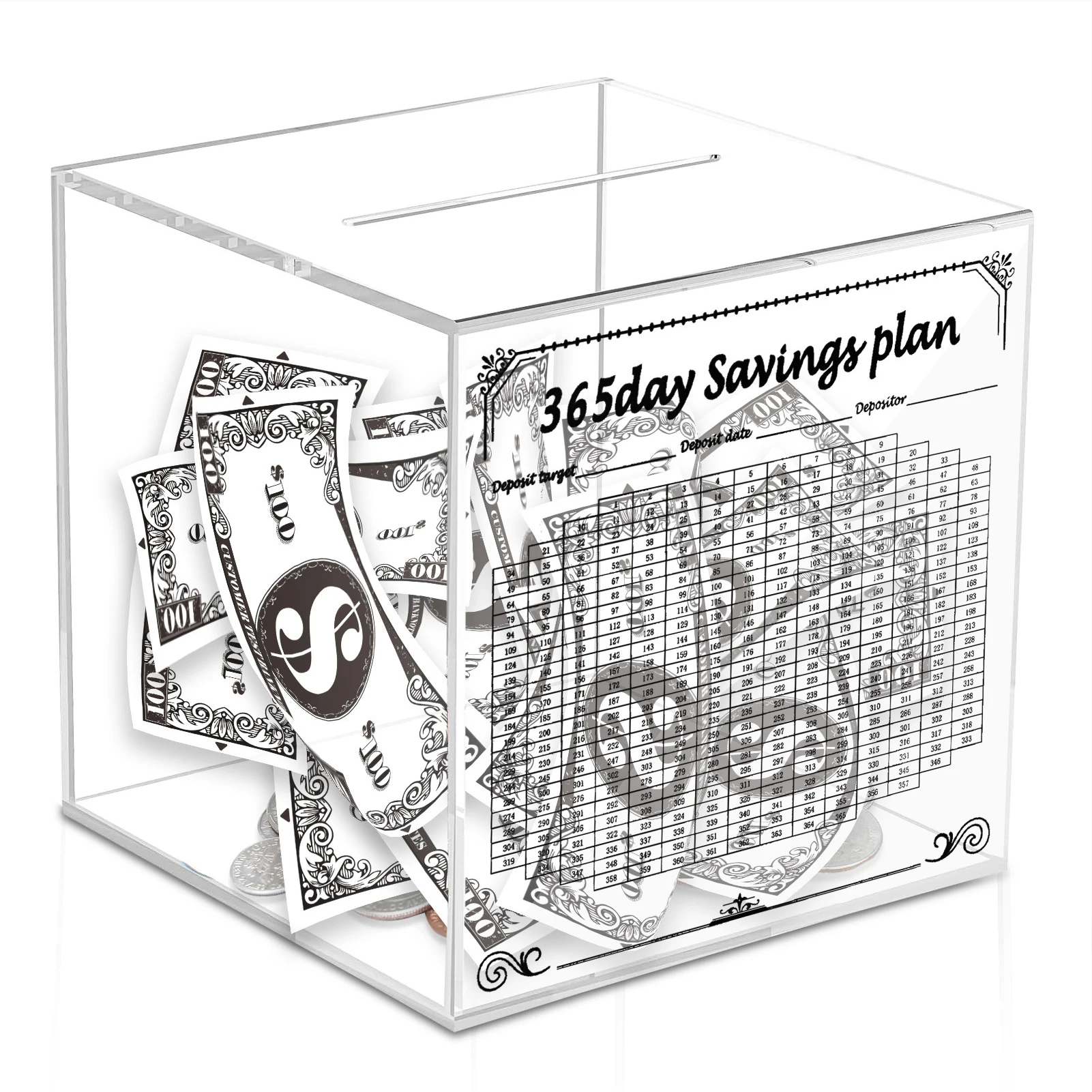 365 Day Acrylic Piggy Bank Challenge And Budget Planner To 10K Goal Childrens And Adult Cash Piggy 15*15*15cm 6