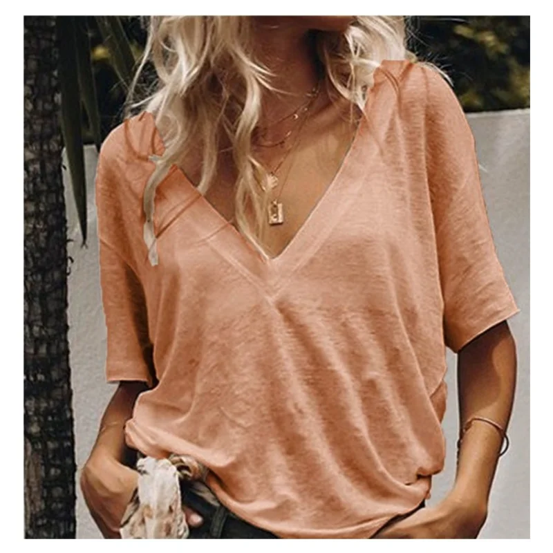 

Women's Fashion Solid V-neck T-shirt Basic Casual Loose Simple Short Sleeve Tops Tees Summer 2023 Shirts Pullover Female Soft