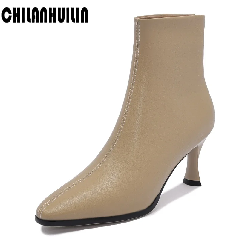 

Ботильоны женские из мягкой кожи, простые модные ботинки с острым носком, на молнии, телесного цвета, Осень-зима