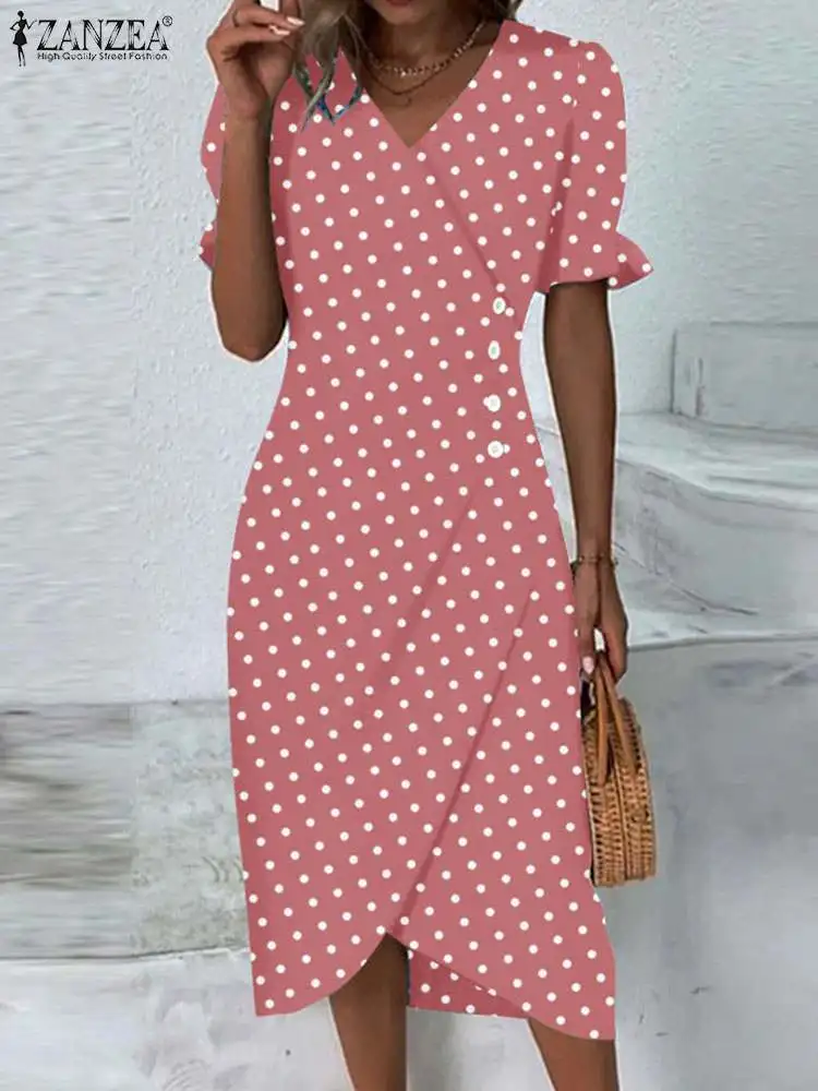 

2024 Summer Polka Dot Dress ZANZEA Women Fashion V Neck Puff Sleeve Sundress Robe Femme Bohemain Elegant Casual Holiday Vestidos