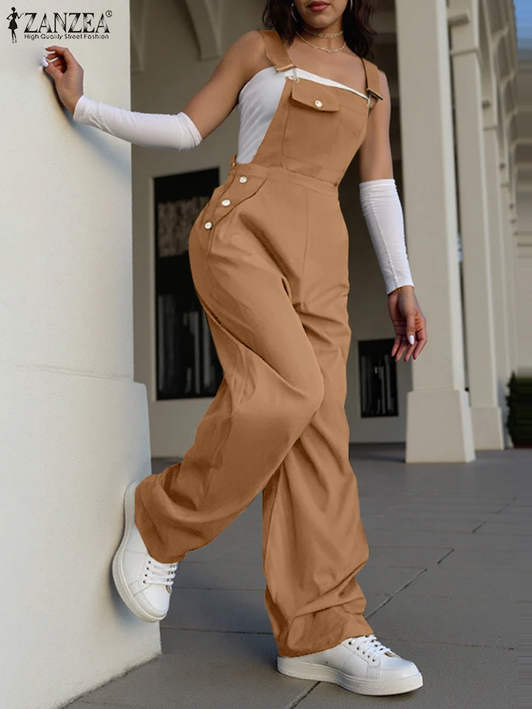 ZANZEA Women Suspender Playsuit Holiday Solid Color Rompers Casual Loose Pocket Long Pant Jumpsuit 2025 Summer Korean Overalls 2