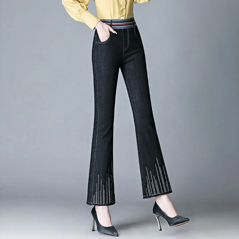 Pantalones vaqueros acampanados informales simples coreanos para mujer, pantalones cortos rectos con bordado de cintura alta elástica, lavado sólido, moda de primavera y verano, nuevo