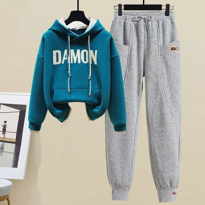 Autumn Winter Plush Insulation Outfits Women's 2023 Fashion Patchwork Hoodie+High Waisted Casual Thickened Pants Two Piece Set