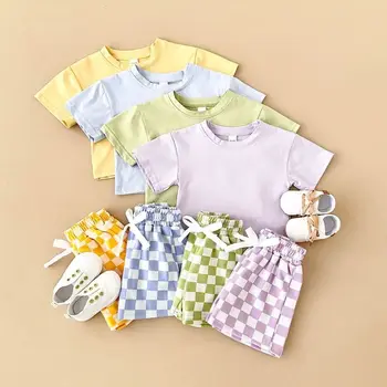 2PCS Kids Clothes Baby Boys Girls Solid Color Short Sleeve T-shirt Plaid Pattern Shorts Sets Baby Clothing Sets 0-3Y 1