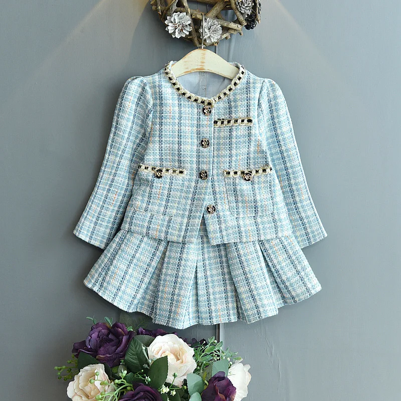 

Girls' small fragrant wind two-piece autumn 2023 children's long-sleeved plaid top + half skirt children's suit