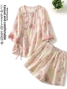 Ladies Large Size  Print Set Short Sleeve round Neck Casual Fashion Top Shorts Two Piece Set National Style Side Slit