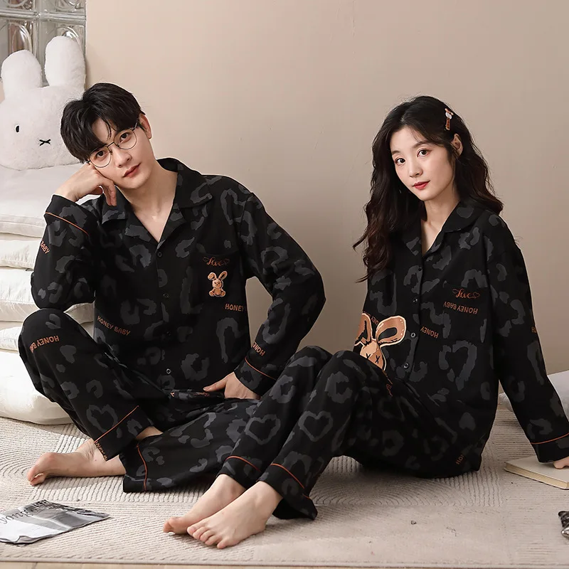

100% Cotton Autumn Pajamas Set For Couples Fashion Cardigan Nightwear Women Home Clothes Men Casual Loungewear pijamas feminino