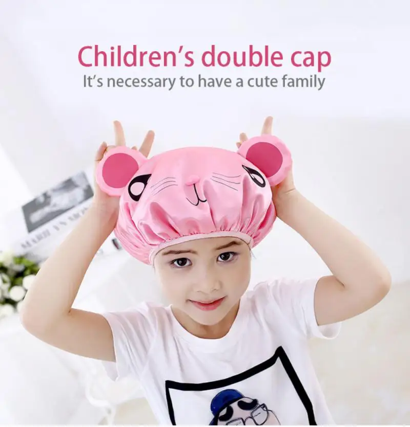 Children's Cartoon Shower Cap Double-layer Waterproof Material Cute Frog Print Satin Washing Cap Bath Head Cover Shower