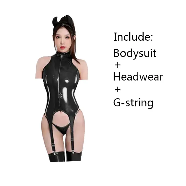 thumbnail image 1 of Body erótico de cuero Pu para mujer, lencería de peluche sin entrepierna, ropa de discoteca Wetlook, Catsuit de látex, disfraz fetiche, 1 of 5
