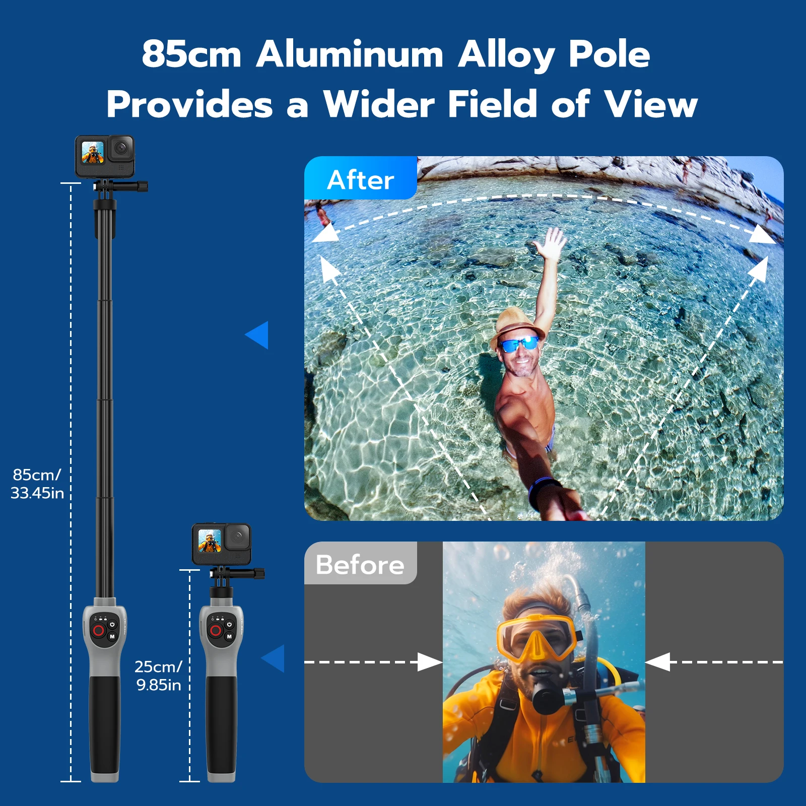 Télécommande Bluetooth de la perche selfie sous-marine IPX68, utilisable jusqu'à 30m sous l'eau pour déclencher à distance