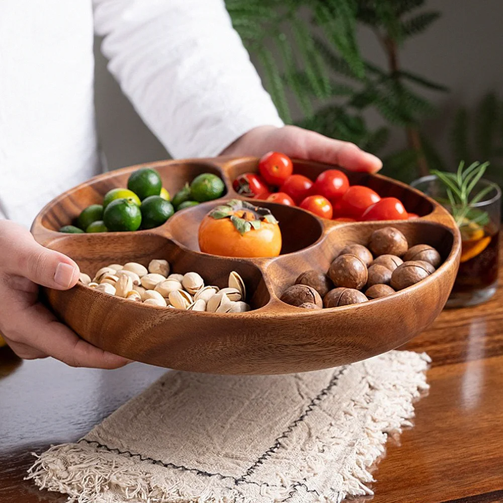 Solid Wood Serving Tray, 5 Compartment Wooden Bread Fruit Dessert Plate Tea Saucer Dish Pan