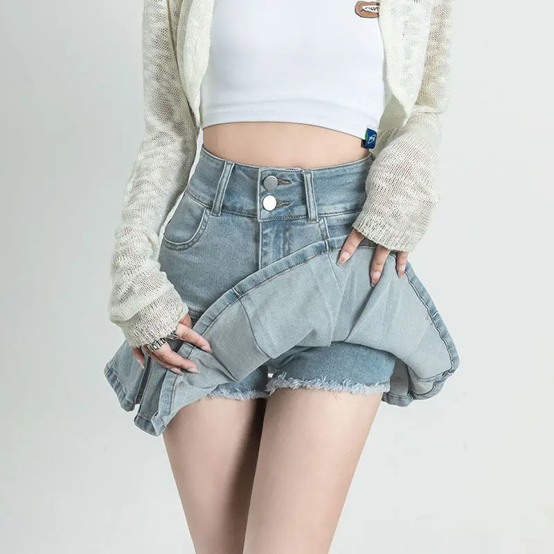 DEEPTOWN Pleated Denim Skirt Shorts Women Summer Korean Fashion High Waist A-line Slim Cute Sexy Mini Jean Ruffle Skirt Female