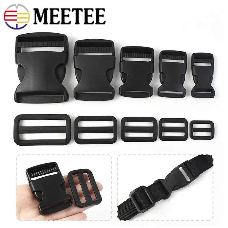 10Set 20-50mm Plastic Black Side Release Buckle Tri Glide Slider Clasp Bag  Backpack Strap Dog Collar Belt DIY Sewing Accessories