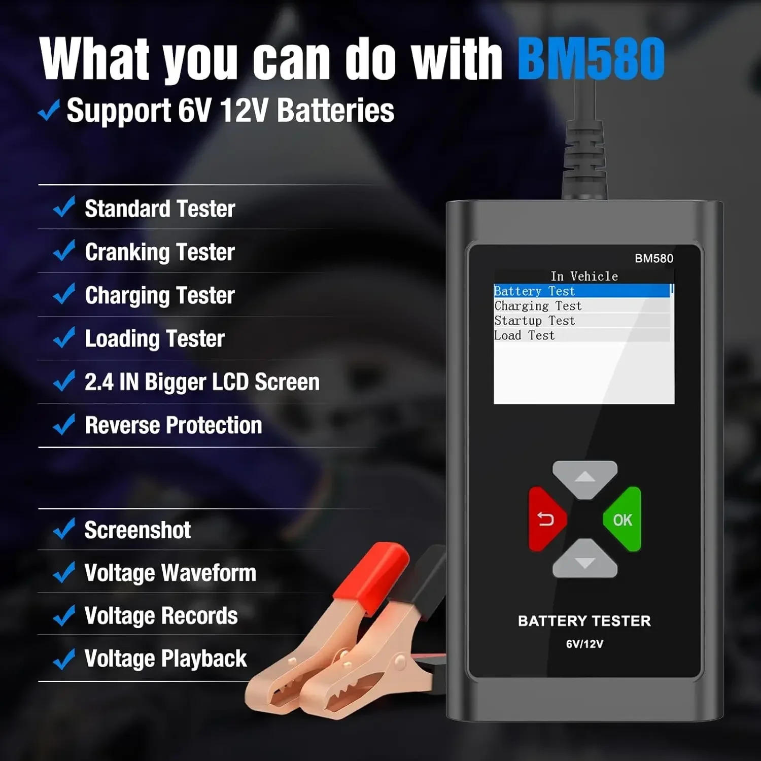 Car Battery Tester 6V 12V BM580 100-2000CCA Analyzes Cranking Charging Voltage Tests Battery Capacity Automotive
