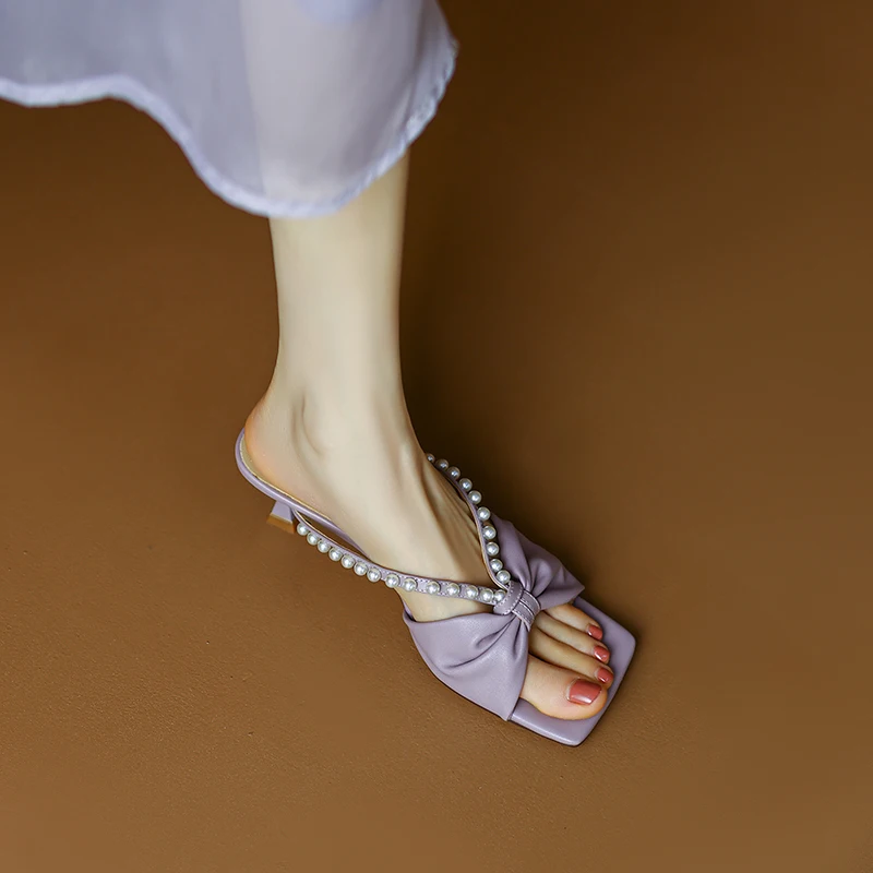 

French Style Women Summer Shoes 5.5cm Med Heel Sandals Elegant Party Shoes Cowhide Slippers With Pearls Wedding Shoe Square Toe