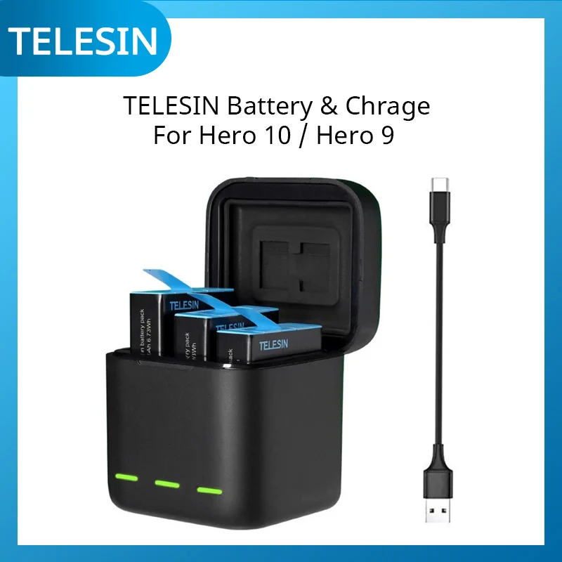 TELESIN-Batería de 1750 mAh para GoPro Hero 9 Hero 10, 3 formas de luz LED,  cargador de batería, tarjeta TF, almacenamiento de batería para GoPro Hero