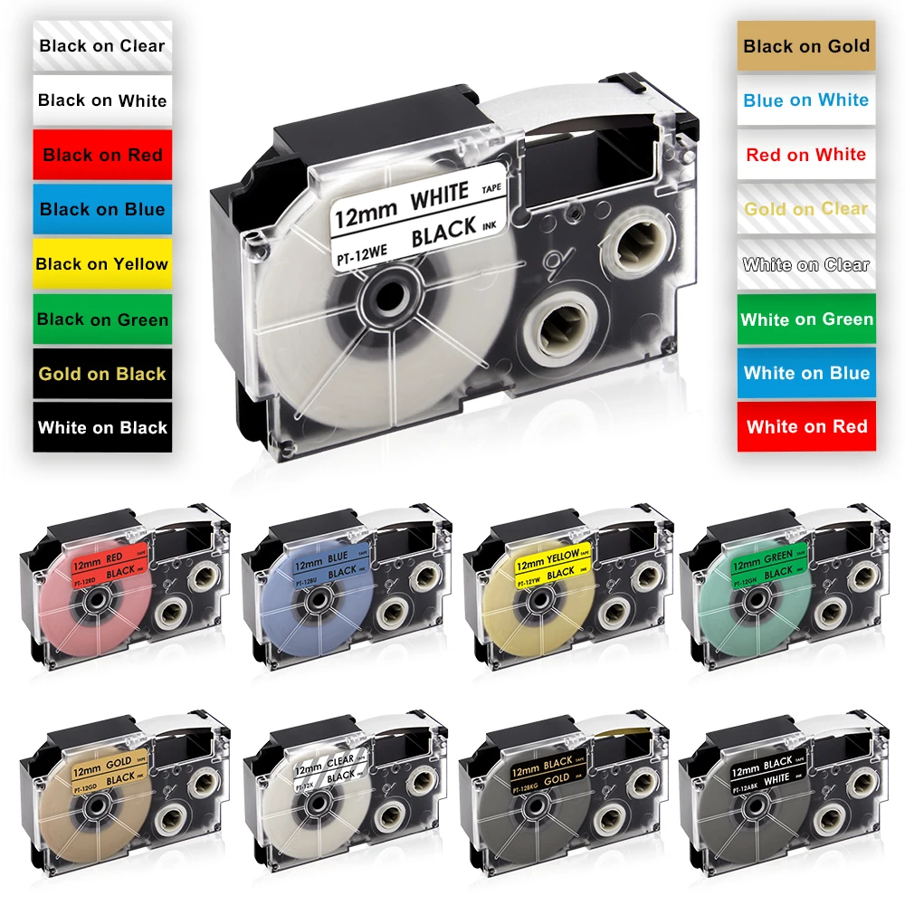

1Pcs XR-12WE Compatible for Casio XR-12WE XR-9WE XR-6WE Label Tape XR-12X XR-12YW XR-9YW for Casio KL-60 KL-100 120 Label Maker
