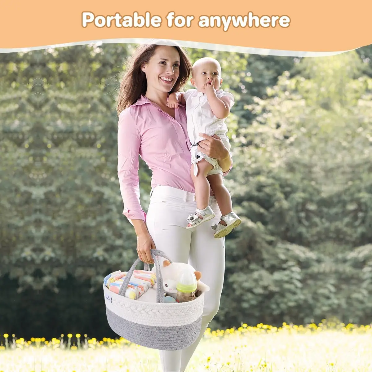 Diaper Caddy Organizer, Cotton Rope Diaper Caddy Basket, Woven Diaper Caddy with Dividers, Nursery Storage Basket