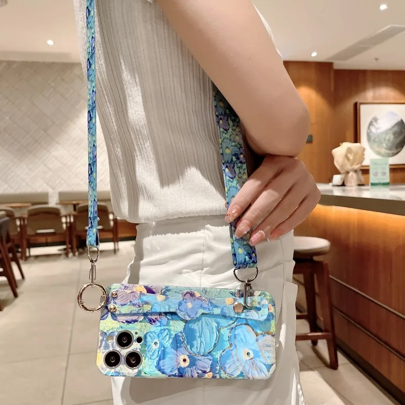 Crossbody Strap Case Samsung Galaxy S24 Ultra S21 FE S22 Plus Note 20 S23 FE Blue Ray Rhinestone Oil Painting Flower Cover phone case