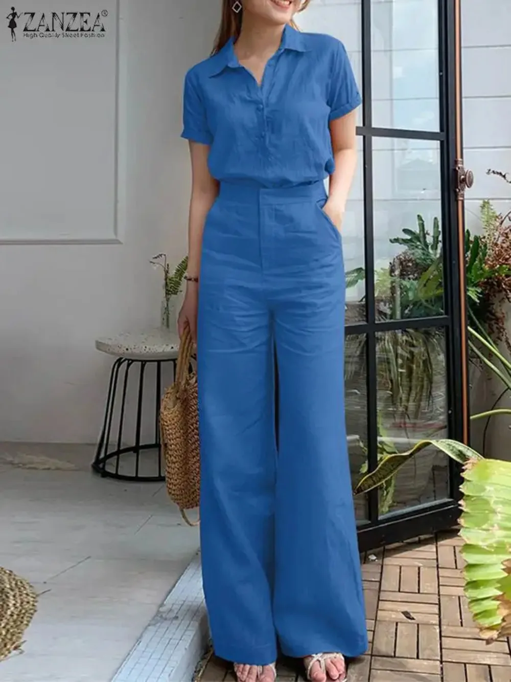 

Summer Women Matching Sets OL Work Outfits Causal Short Sleeve Shirt Loose Wide Leg Pants Fashion Suit Urban Tracksuits