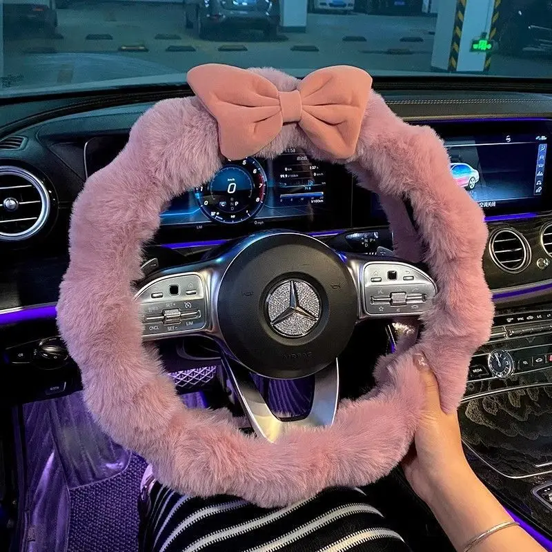 Nuovo fiocco coprivolante per auto peluche inverno caldo volante Qace Grip Cover antiscivolo protezione per volante accessori per auto - immagine 3