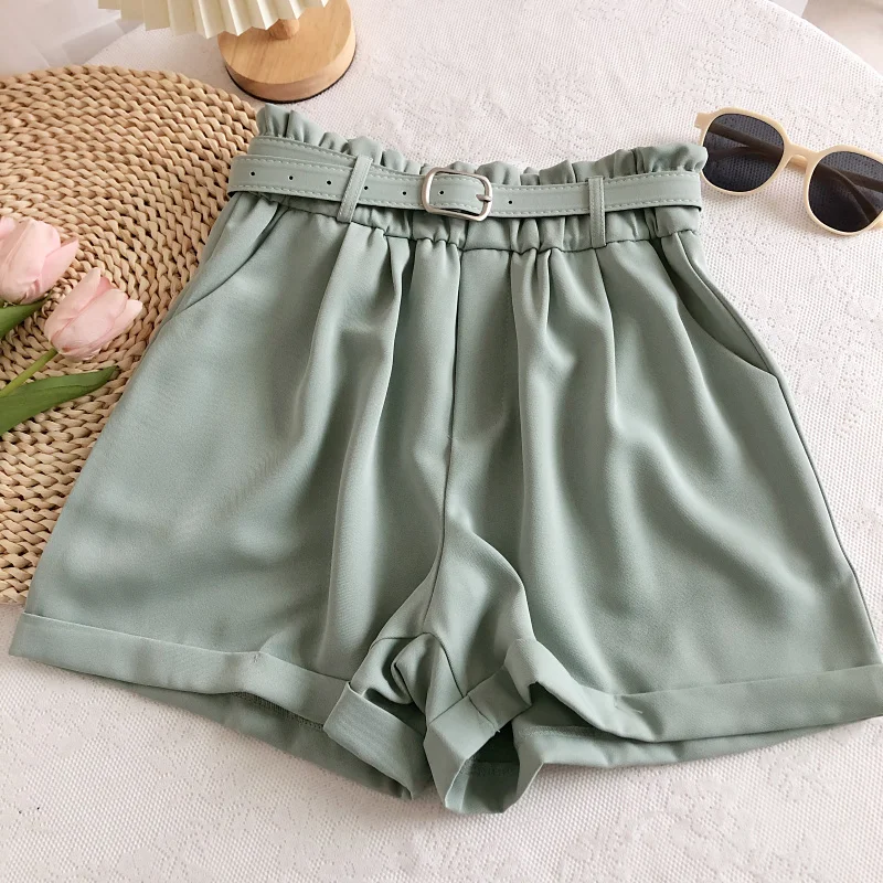 KUSAHIKI 2022 Summer Woman Shorts Belt Elastic High Waist Korean Solid Bottoms Causal Fashion Wide Leg Short Feminimos denim shorts