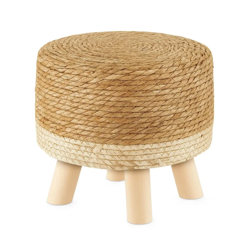 Natural Seagrass Footstool – Handwoven Pastoral Style Padded Foot Rest with Non-Skid Pine Legs, Wooden Sofa Stool for Living Room & Bedroom, 29x29cm