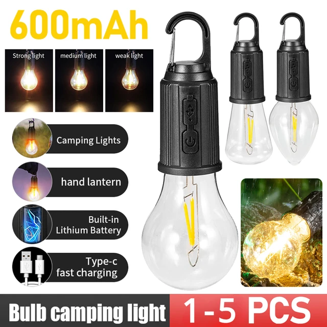 1-5pcs Portable Camping Light 600mAh LED Camping Lamp with Hook Lighting Lantern Type C Charging Waterproof for Hiking Fishing
