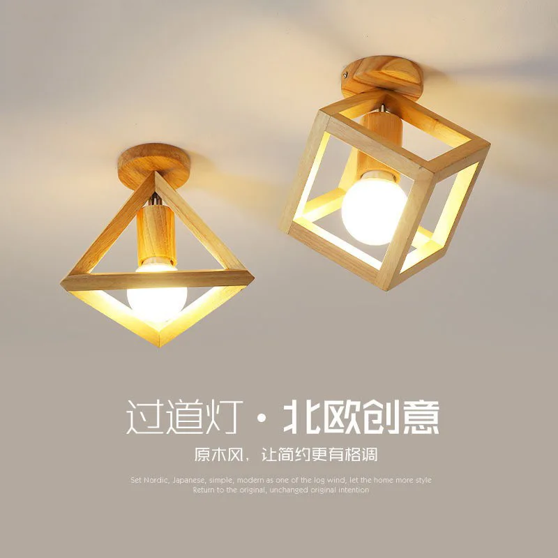 

Nordic corridor light LED entrance hall square entrance balcony solid wood ceiling Japanese style log small ceiling light
