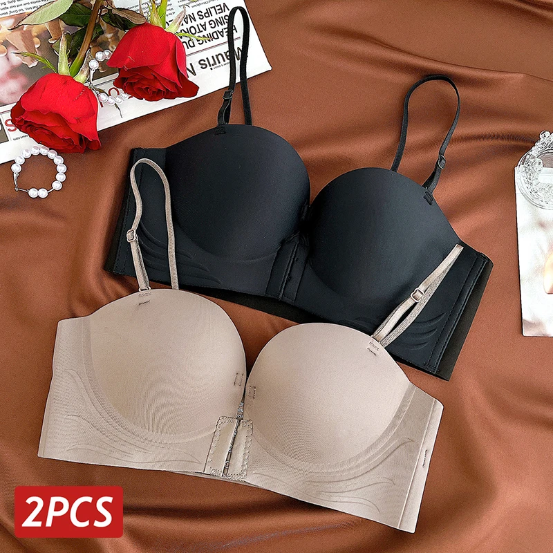 2PCS/Set Front Closure Bras Women's Seamless Strapless Sexy Underwear Female Thick Push Up Brassiere Invisible Soft Lingerie 1