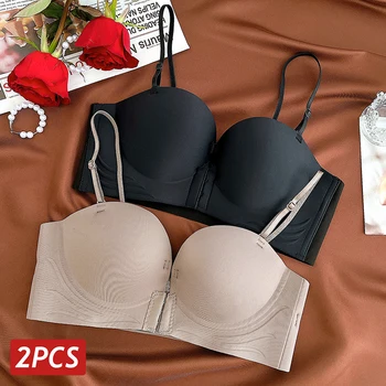 2PCS/Set Front Closure Bras Women's Seamless Strapless Sexy Underwear Female Thick Push Up Brassiere Invisible Soft Lingerie 1