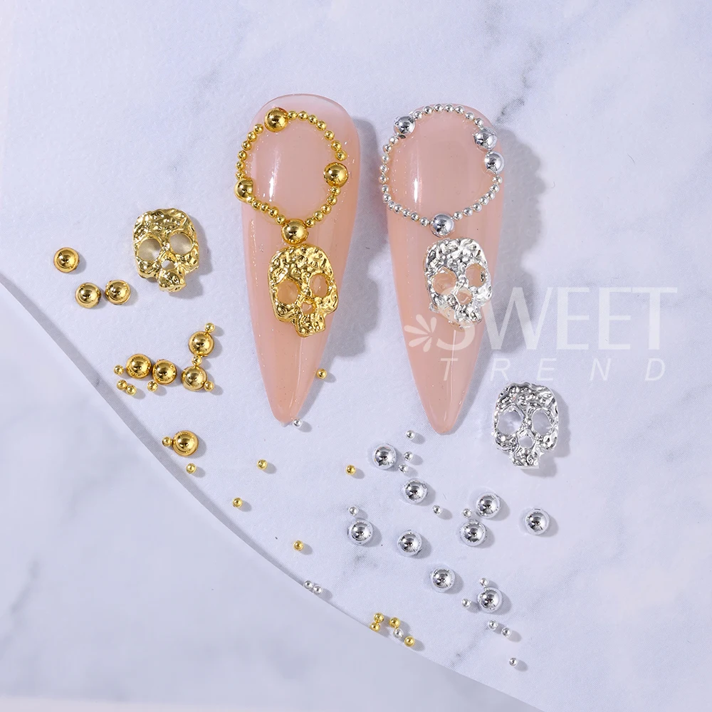 1/3 Boxes Punk Alloy Skull Nail Art Charms Parts Pearl Steel Beads Nail Art Decoration for Halloween Manicure DIY Nails Supplies
