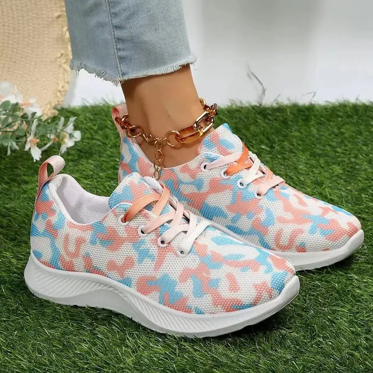 

Women's Patterned Sports Shoes Women's Casual Shoes 2023 Girls' Sports Shoes Women's Flat Shoes Lace Up Round Toe Flat Shoes