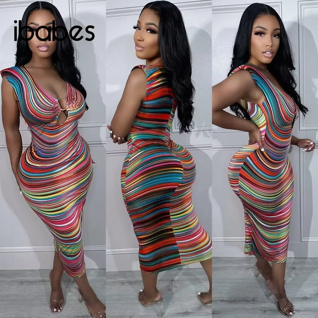 

Digital Stripes Printed Sheer Long Maxi Dress Sleeveless Summer Hollow Out Bodycon Dresses 2023 Sexy Night Club Party Vestidos