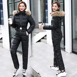 Winter Windproof Ski Suit for Women Skiing Thicken Warm One Piece Snowsuit with Hooded Down Jumpsuit Parka Snow Tracksuits Bib