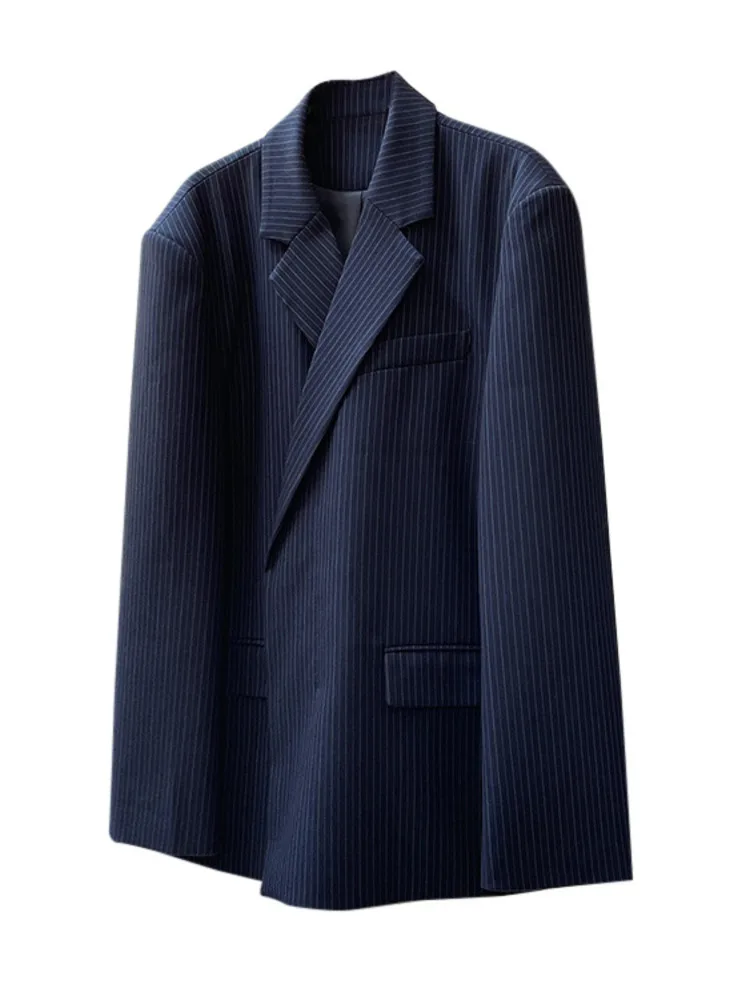 [LANMREM] Fashion Striped Loose Blazers For Women Asymmetric Single Breasted Design Fashion Jackets 2024 Spring New 26D2884