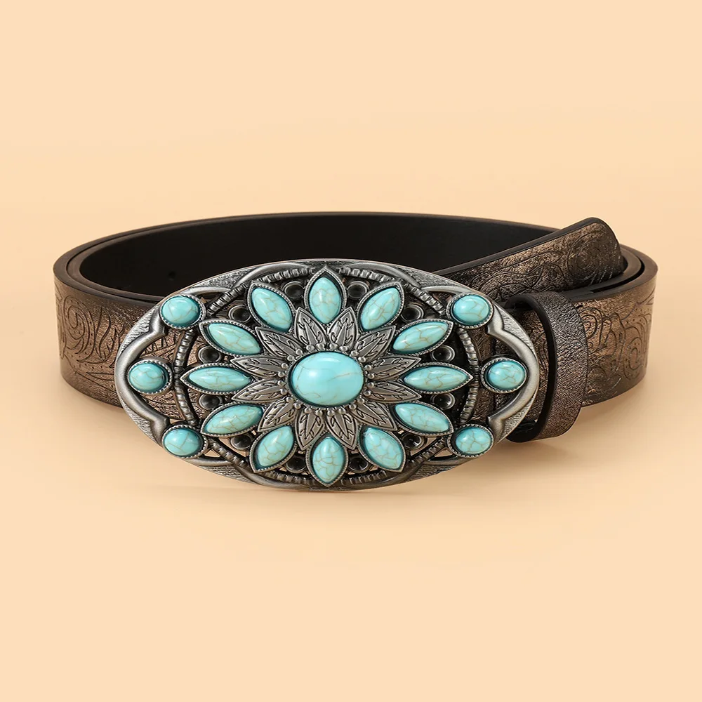 

Vintage Printing PU Belts For Women turquoise Stone Buckle Luxury Designer Pu Leather Belts Spring Summer Dress Shirt Jeans Belt