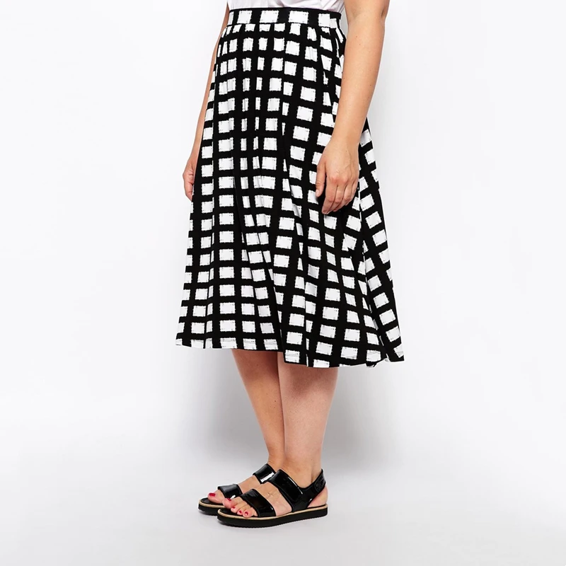 

Plus Size Elegant Black And White Plaid Summer Spring Flared Skirt Elastic Waist Casual A-line Skirt Female Large Size 6XL 7XL