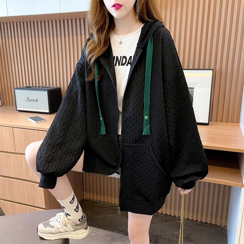 Women's Long Drawstring Hoodies, Thin Cardigan Sweatshirt, Female Tops, Loose, Drawstring, Zipper Jackets, Spring, Autumn, New