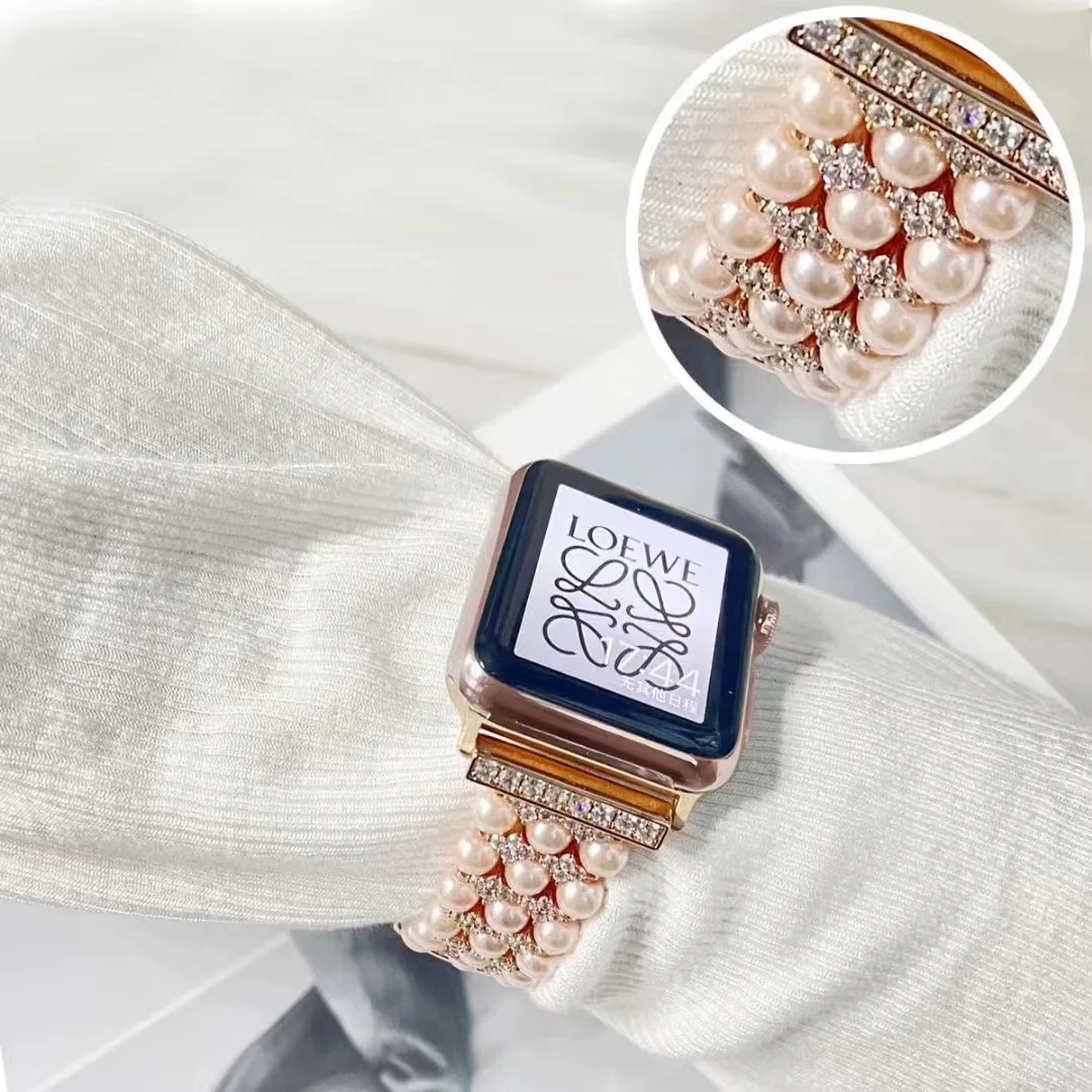 Pearl+Metal Strap for Apple Watch Ultra 8 7 49mm 45mm 41mm 44mm 42mm 40mm 38mm Ladies High-end Band for iwatch 6 5 4 3 SE Belt