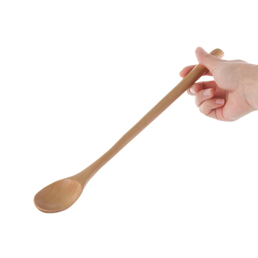 1Pc Wooden Long Handle Spoon Round Natural Solid Wood Soup Scoops
