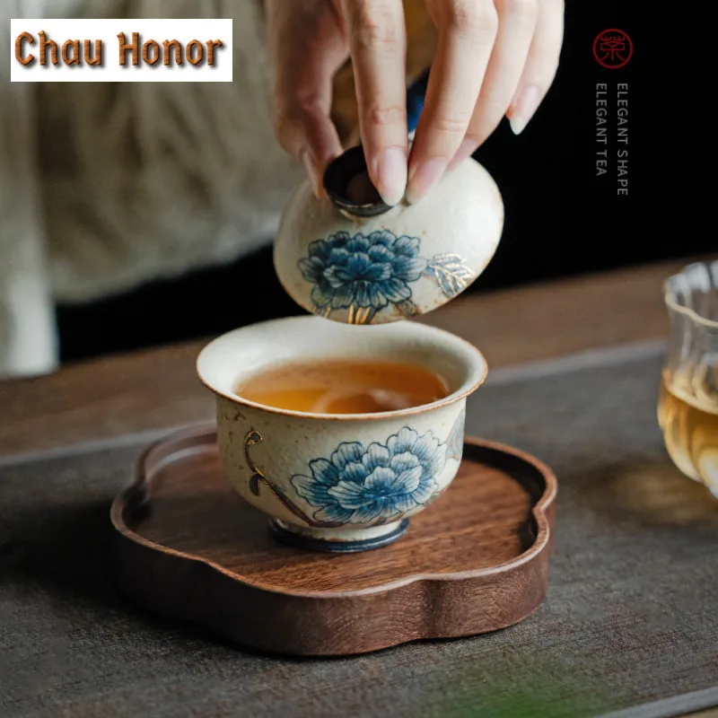100ml Blue And White Flint Red Gaiwan Handmade Gold Drawing Peony Flower Tea Tureen Tea Maker Cover Bowl Kung Fu Tea Items Gift