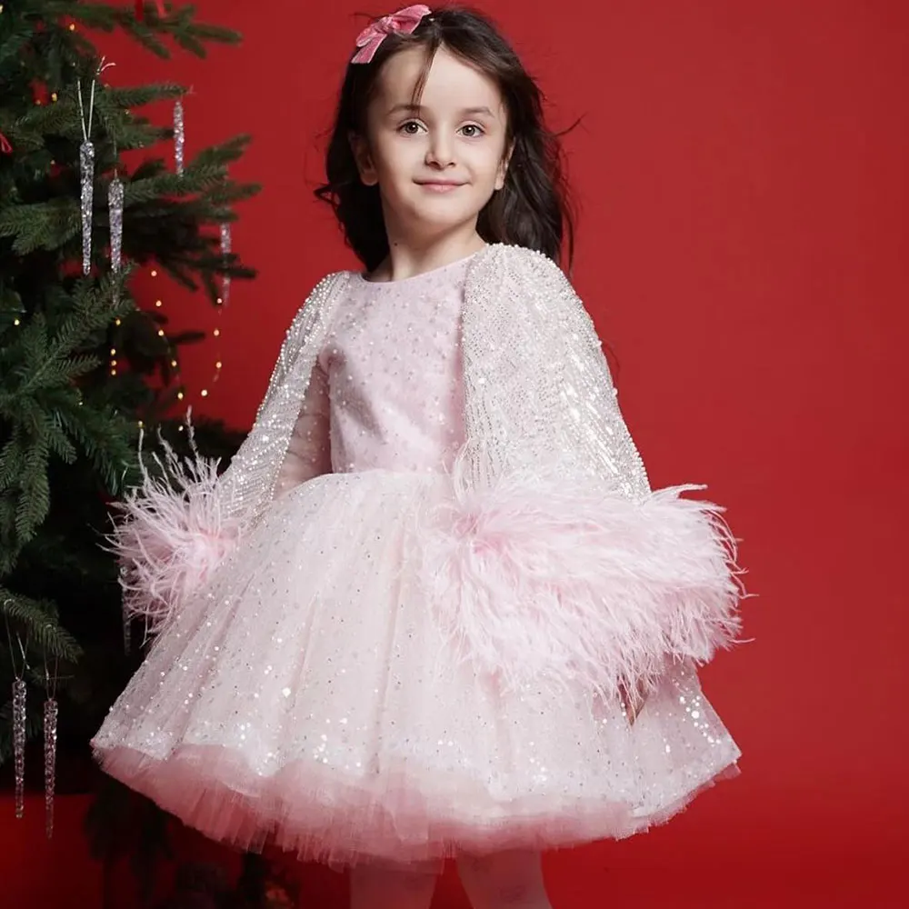 

Jill Wish Luxury Pink Ferathes Girl Dress Pearl Dubai with Cape Baby Kids Wedding Birthday Communion Party Gowns Pageant J326