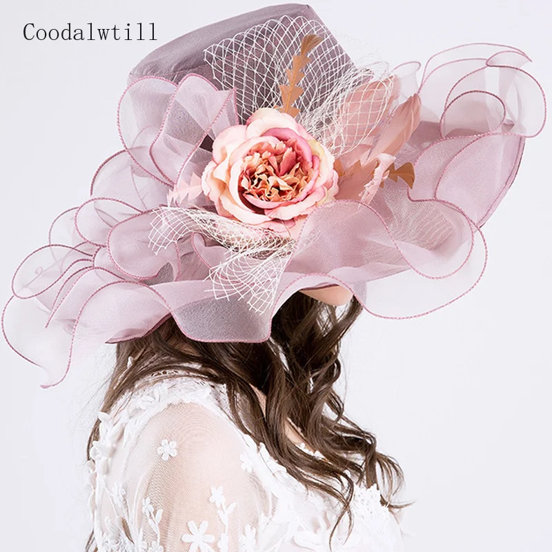 

Wide Brim Organza Sun Hat Foldable Wedding Church Fascinator Flower Dresses Kentucky Church Fedora For Women Elegant Beach Hat