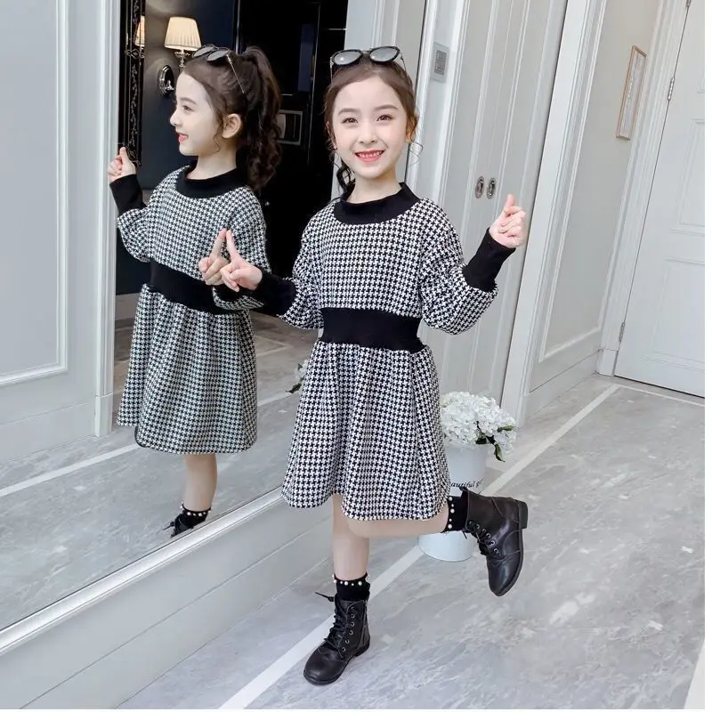3-14 children's fleece mid-length dress girls winter and autumn children's long-sleeved mid-length plaid princess skirt bottomin