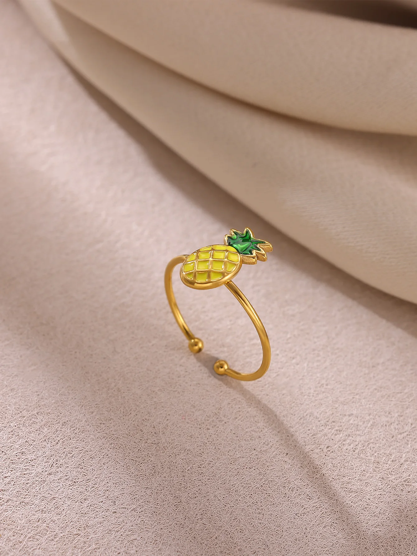Pineapple Enamel Rings Women Gold Color Stainless Steel Adjustable Finger Ring