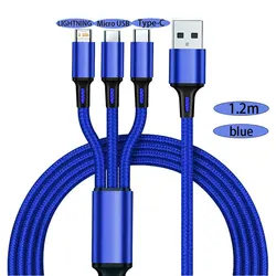 Universal Fast Charging 3 - in - 1 Multi - Device USB Cable with Nylon Braided Cord (Blue)